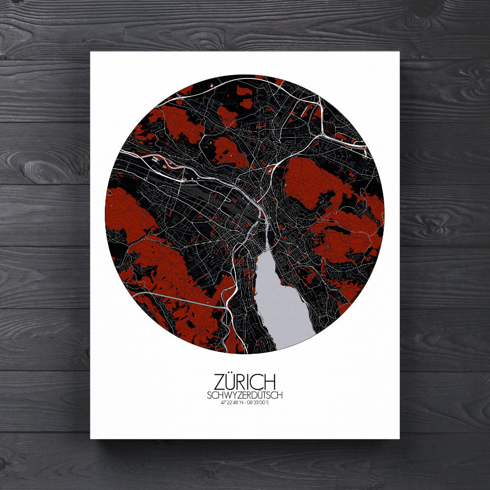 Mapospheres zurich Red Dark round shape design canvas city map