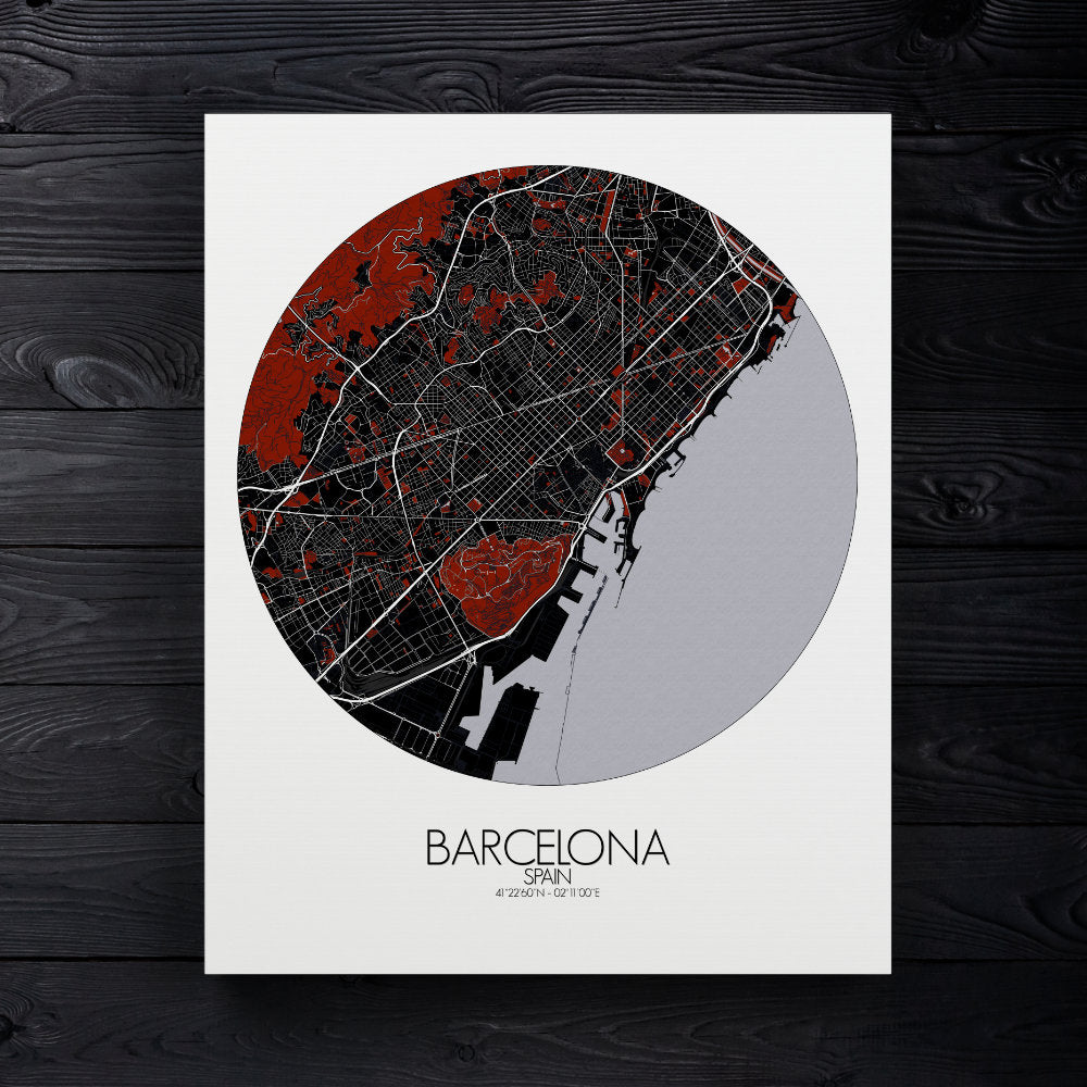 Mapospheres Barcelona Red dark round shape design canvas city map