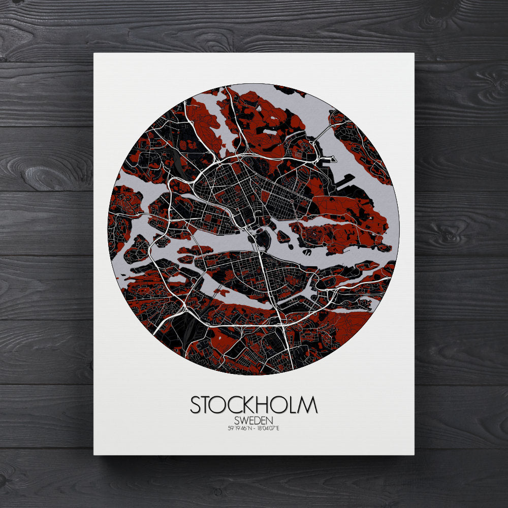 Mapospheres stockholm Red Dark round shape design canvas city map