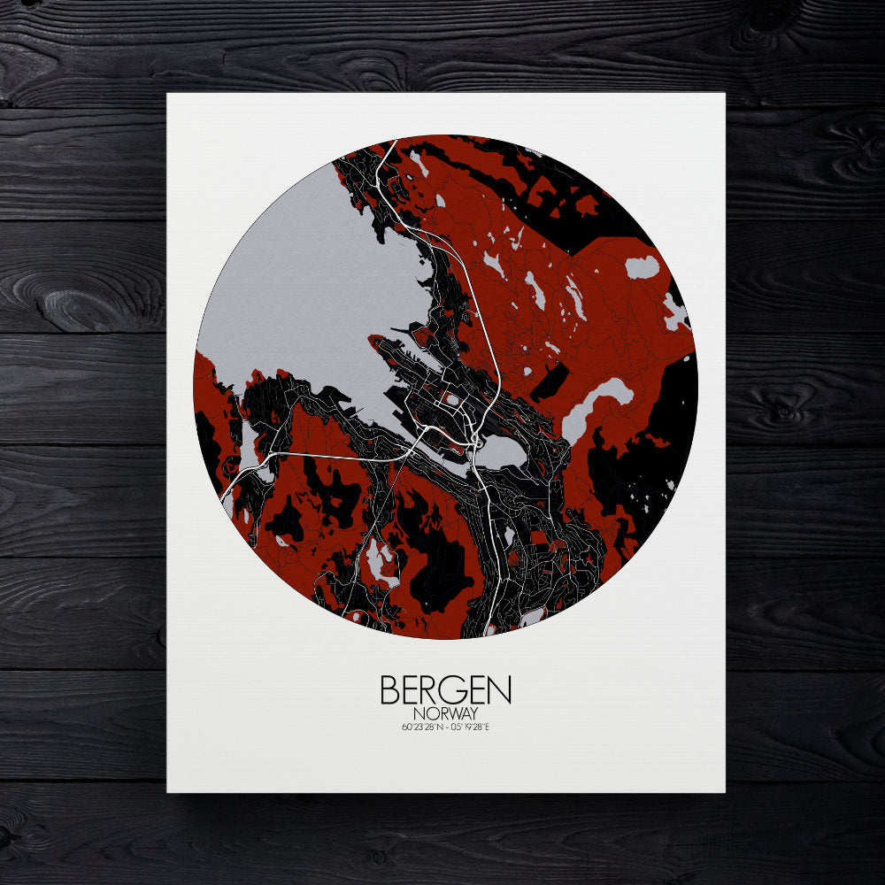 Mapospheres Bergen Red dark round shape design canvas city map