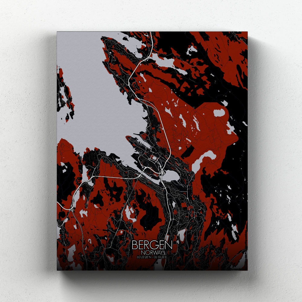 Mapospheres Bergen Red dark full page design canvas city map