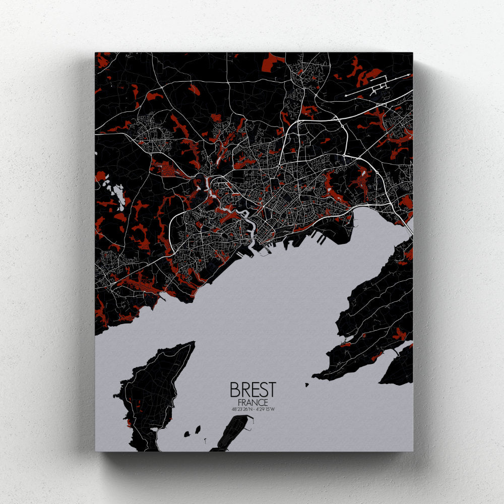 Mapospheres Brest Red dark full page design canvas city map