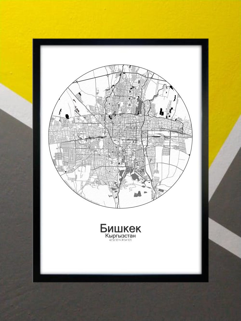 Bishkek Black and White round shape design poster city map