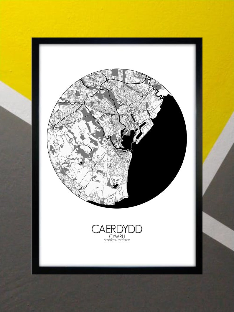 Mapospheres Cardiff Black and White round shape design poster city map