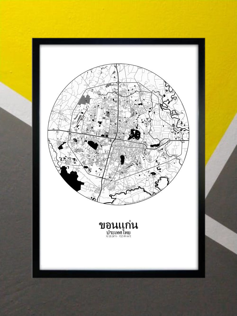 Khonkaen Black and White round shape design poster city map