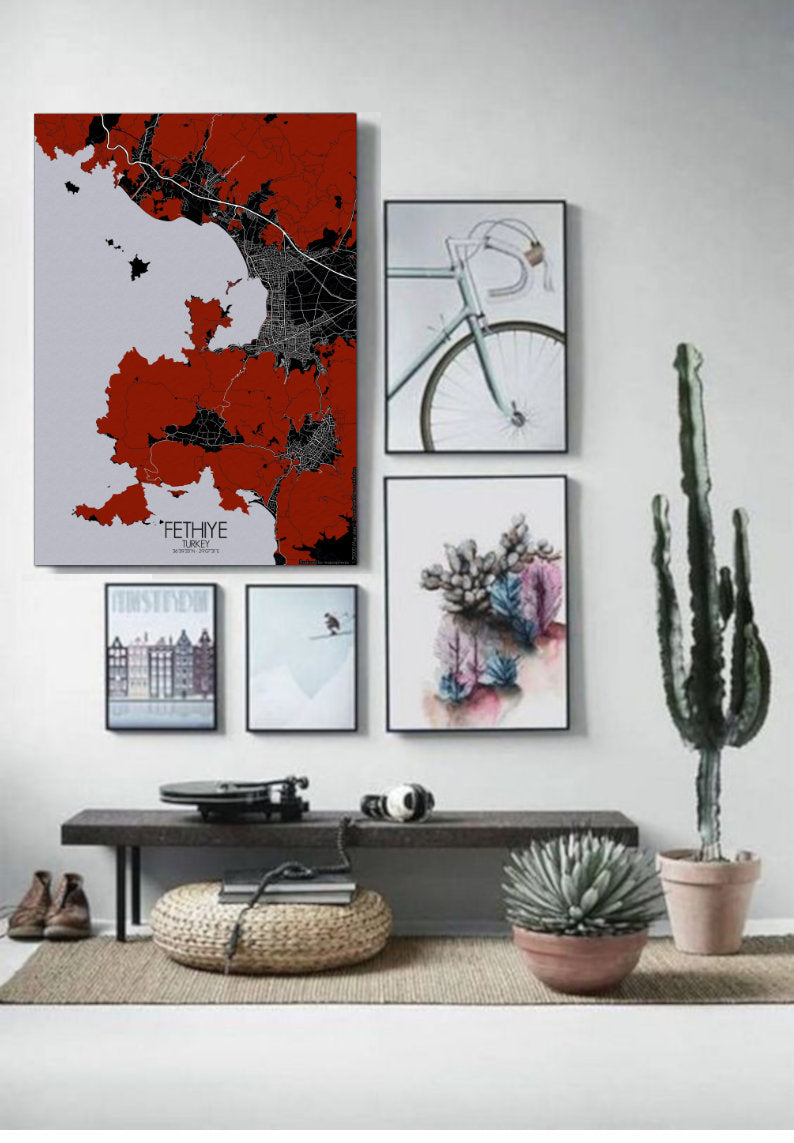 Mapospheres Fethiye Red dark full page design poster city map