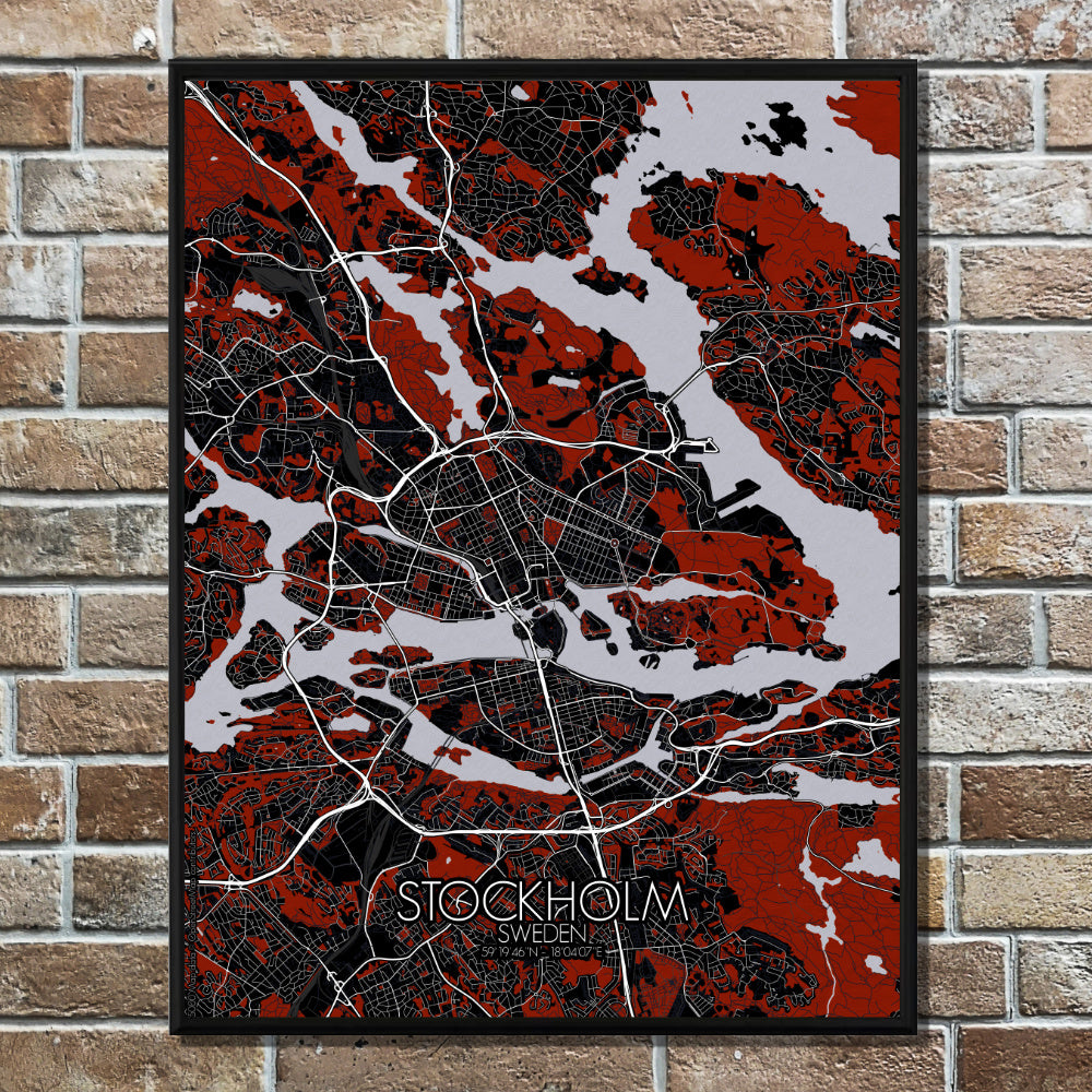 Mapospheres stockholm Red dark full page design poster city map