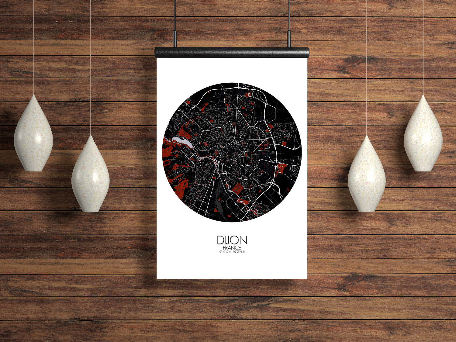 Mapospheres Dijon Red dark round shape design poster city map