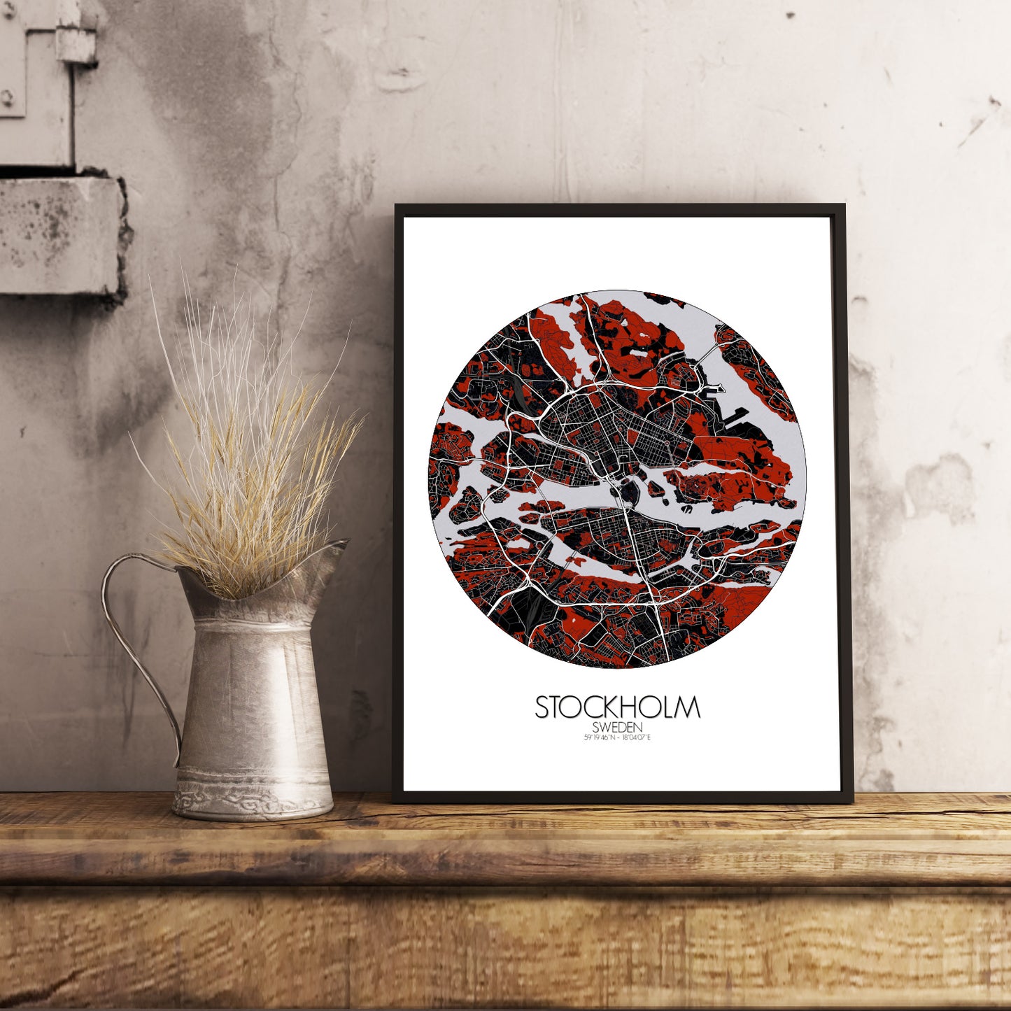 Mapospheres stockholm Red dark round shape design poster city map