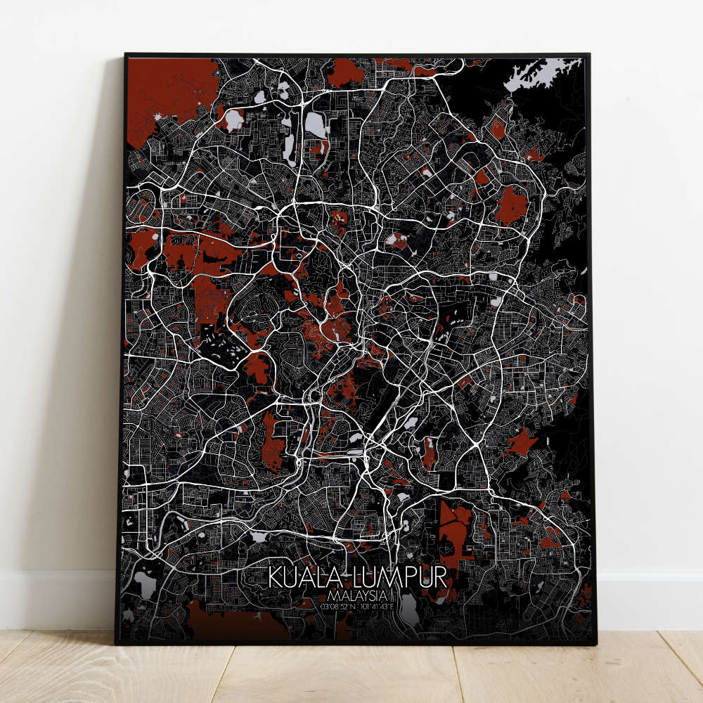 Mapospheres Kuala Lumpur KL Red dark full page design poster city map