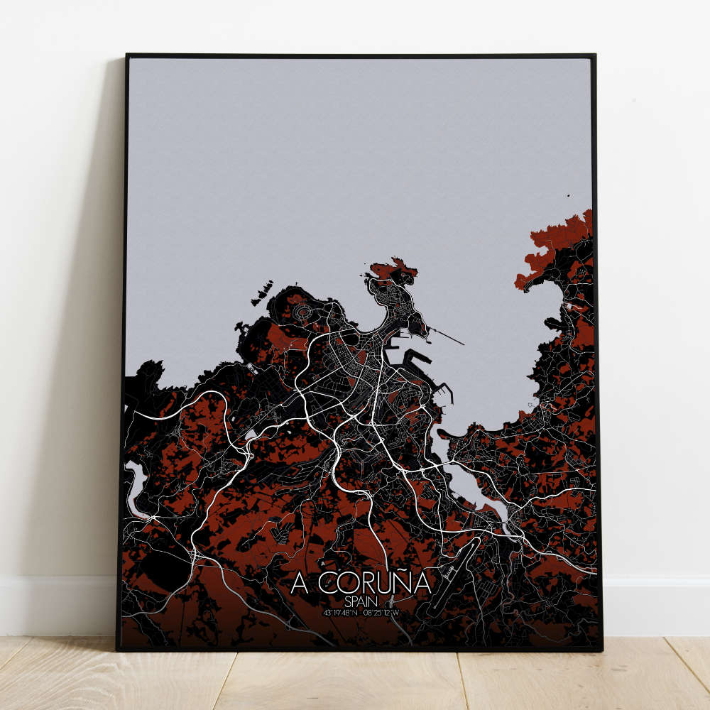 Mapospheres La Coruna Red dark full page design poster affichecity map