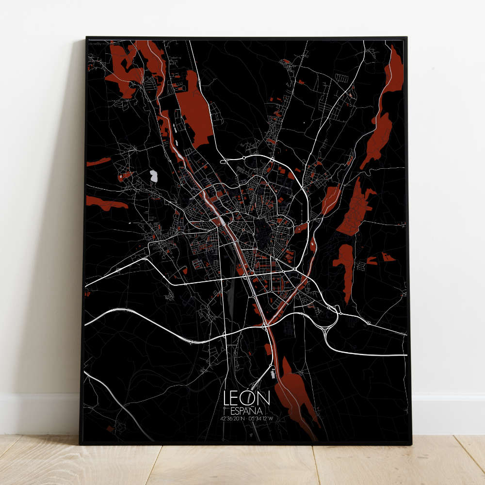 Mapospheres Leon Red dark full page design poster affichecity map