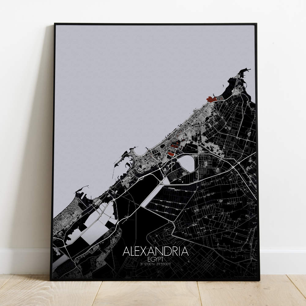 Mapospheres Alexandria Red dark full page design poster city map
