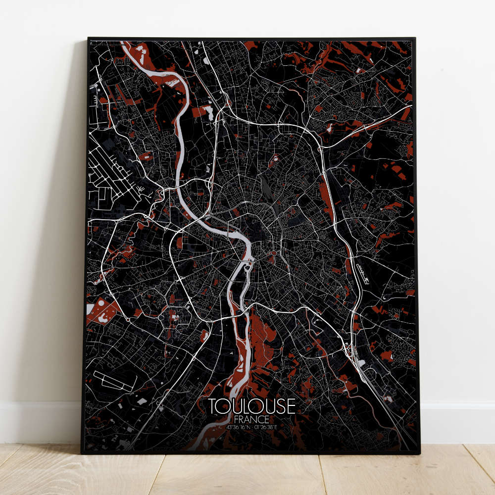 Mapospheres Toulouse Red dark full page design poster affiche city map