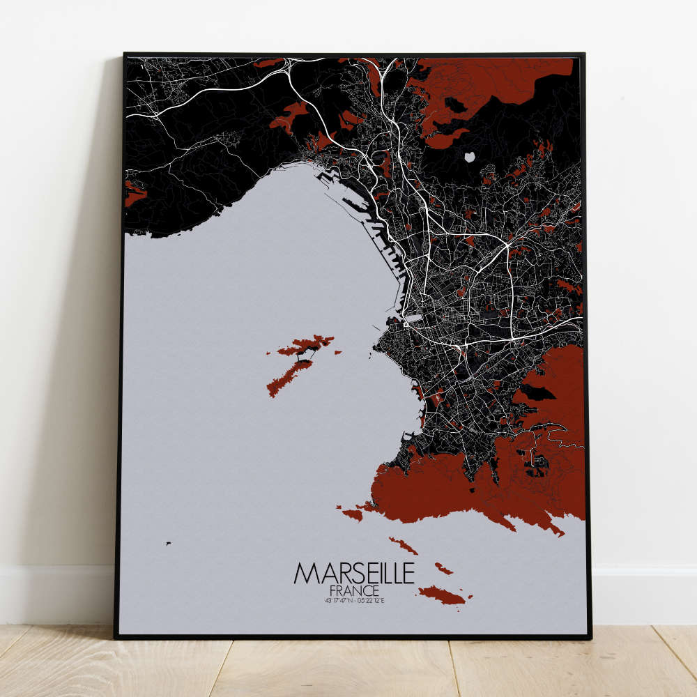 Mapospheres Marseille Red dark full page design poster  affichecity map