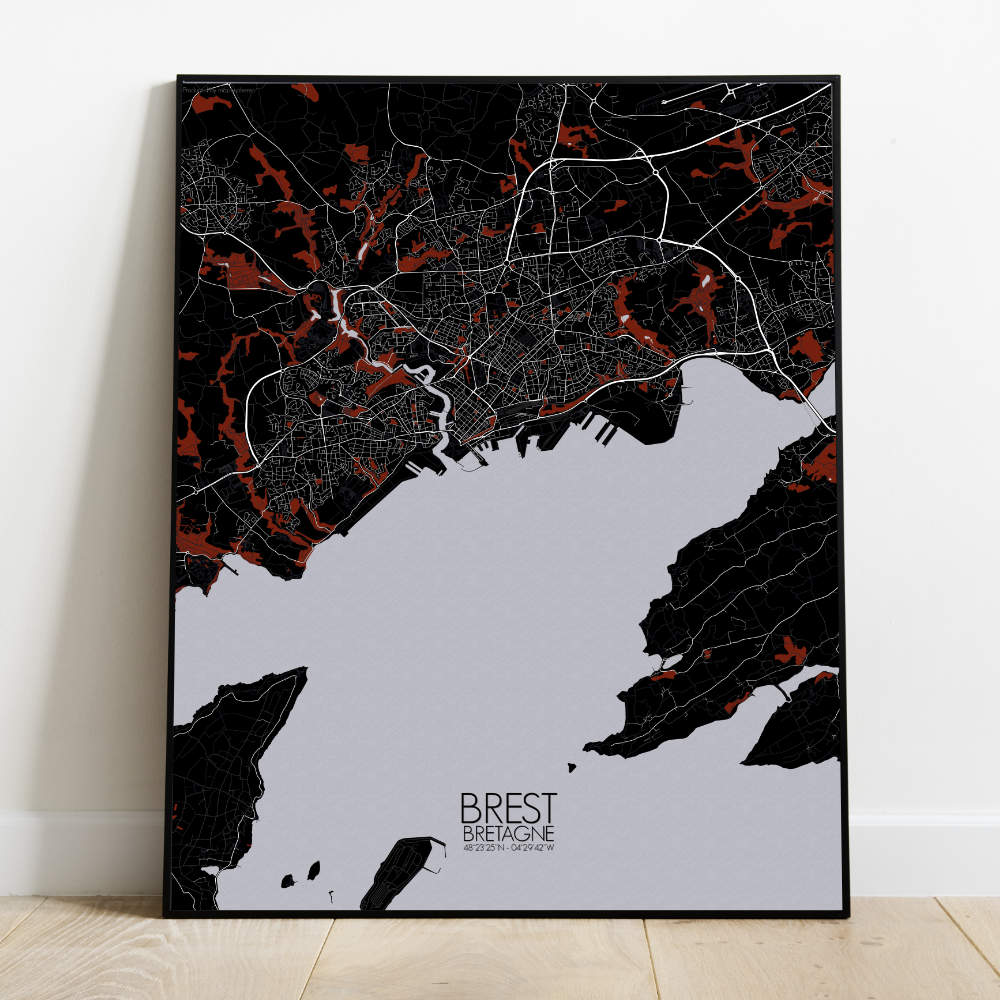 Mapospheres Brest Red dark full page design paper city map