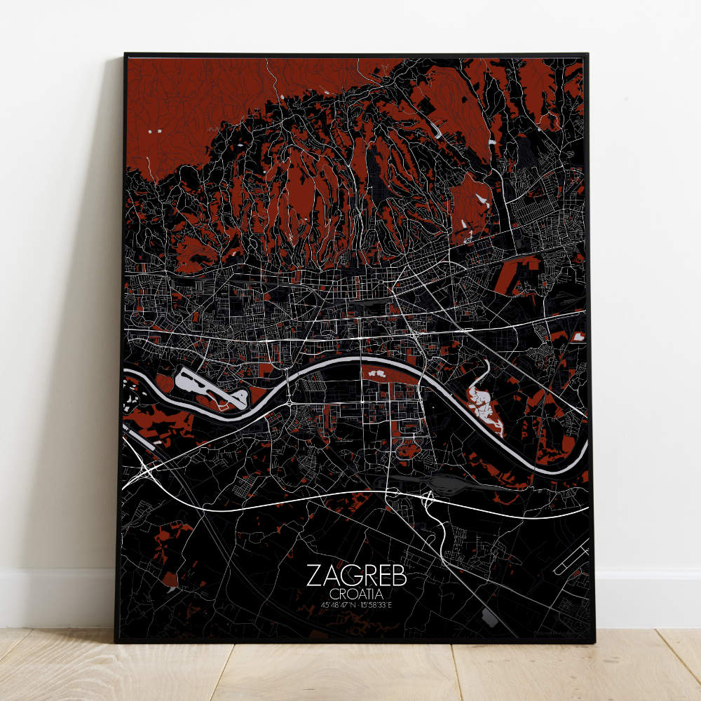 Mapospheres Zagreb Red dark full page design poster city map