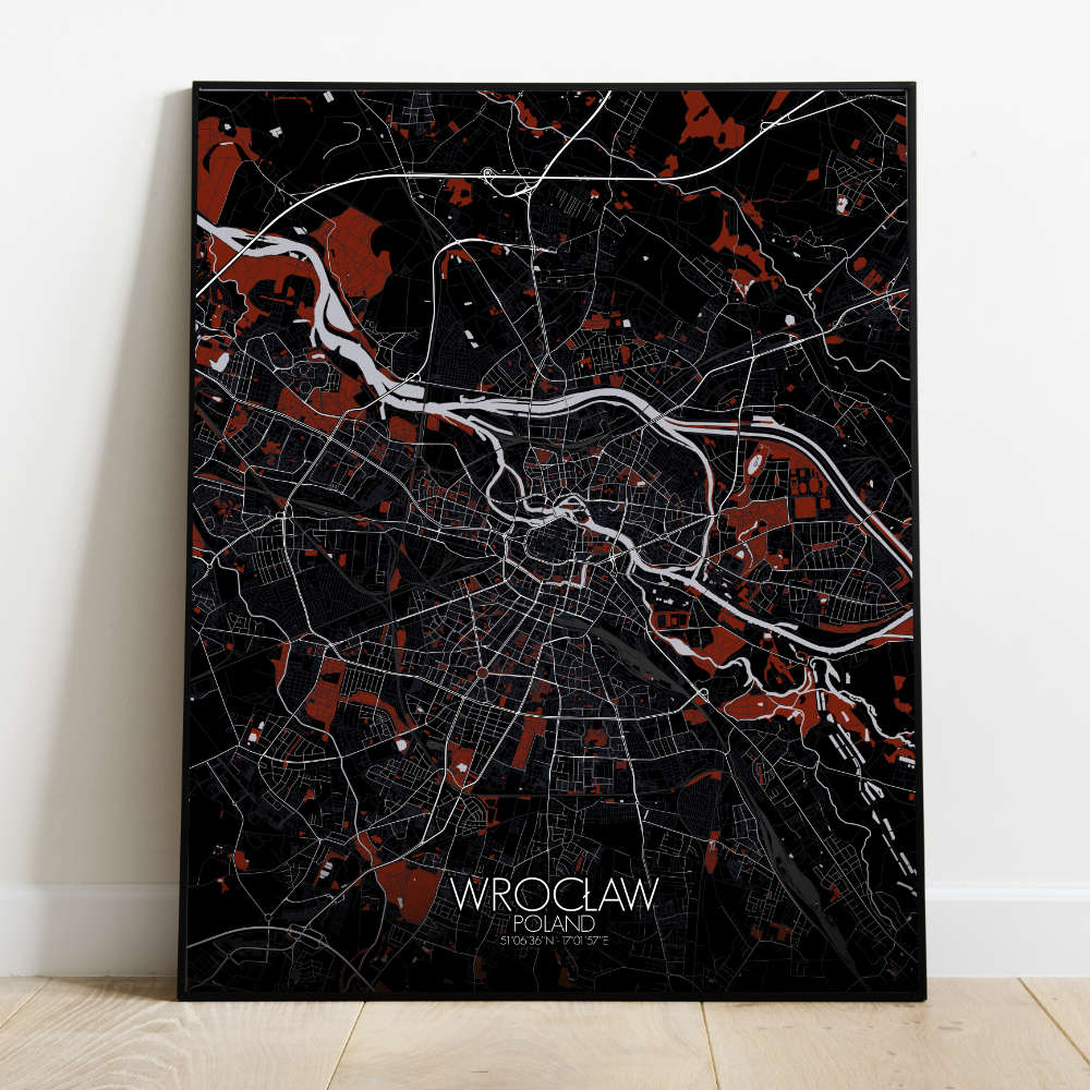 Mapospheres Wroclaw Red dark full page design poster city map