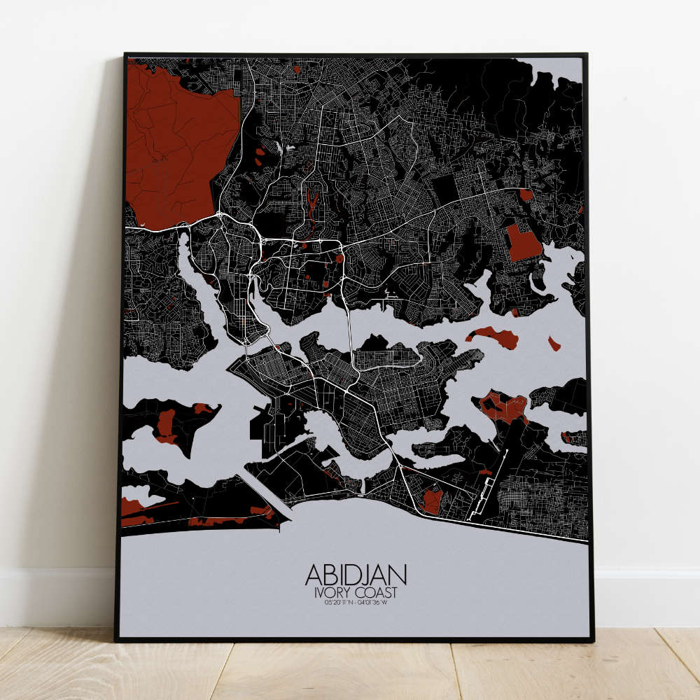 Mapospheres Abidjan Red dark full page design poster city map