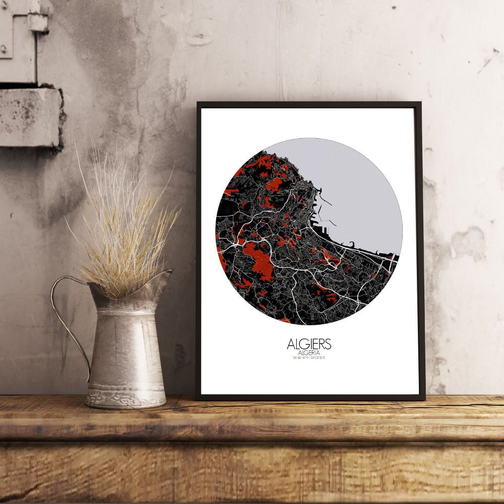 Mapospheres Algiers Red dark round shape design canvas city map