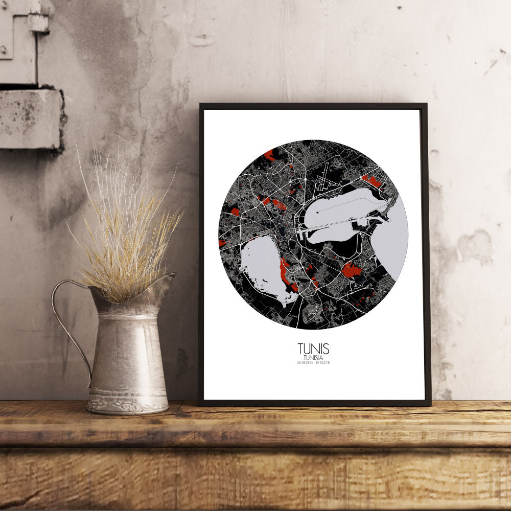 Mapospheres Tunis Red dark full page design poster city map