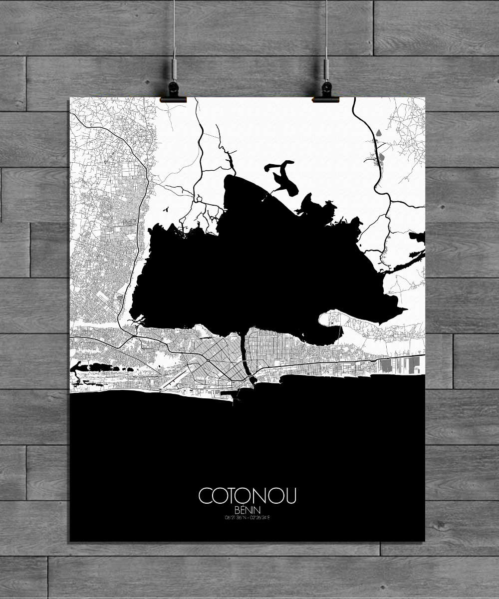 Mapospheres Cotonou Black and White full page design poster city map
