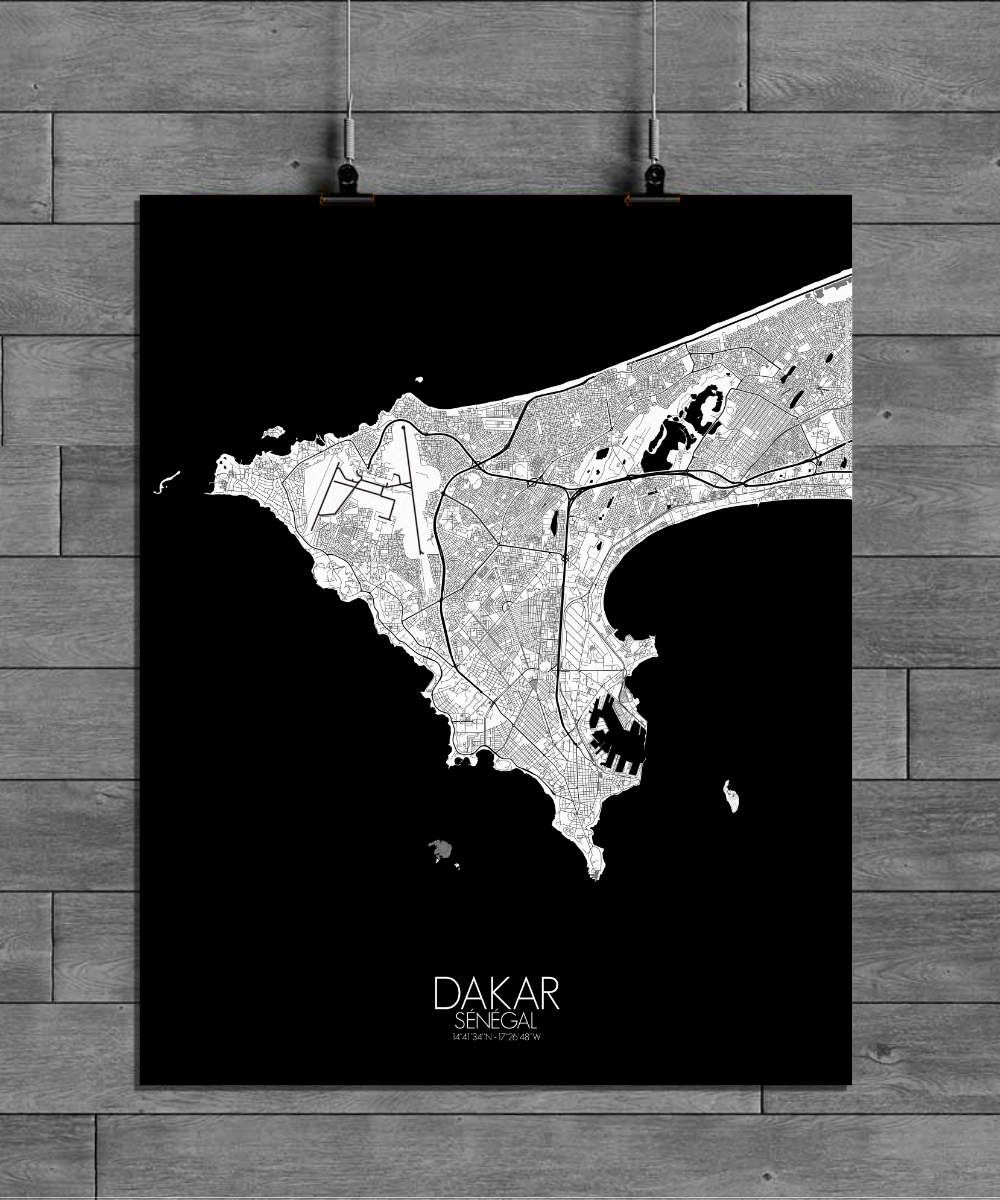 Mapospheres Dakar Black and White full page design poster affiche city map
