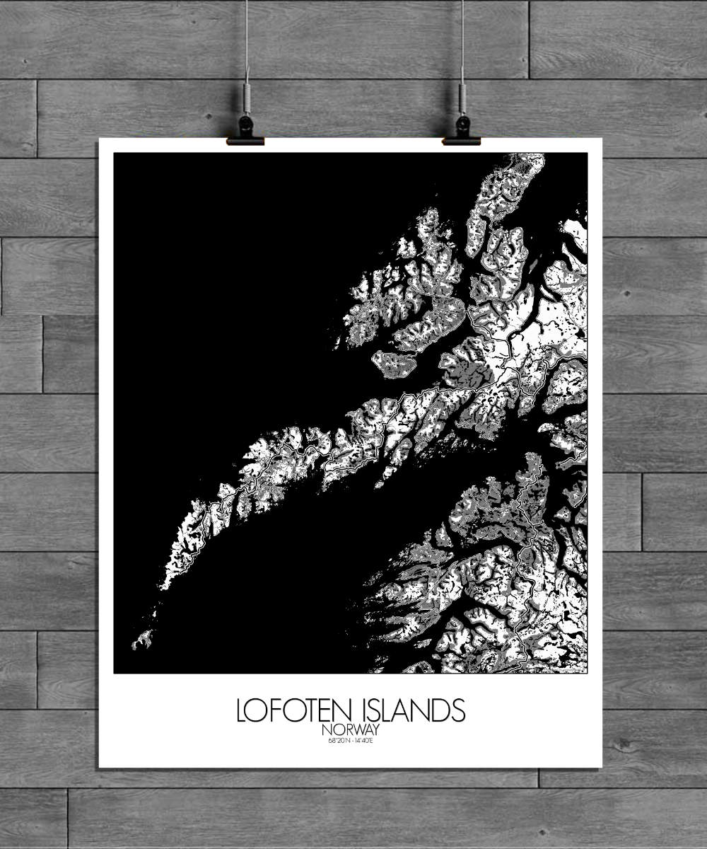 Mapospheres Lofoten Black and White full page design poster city map