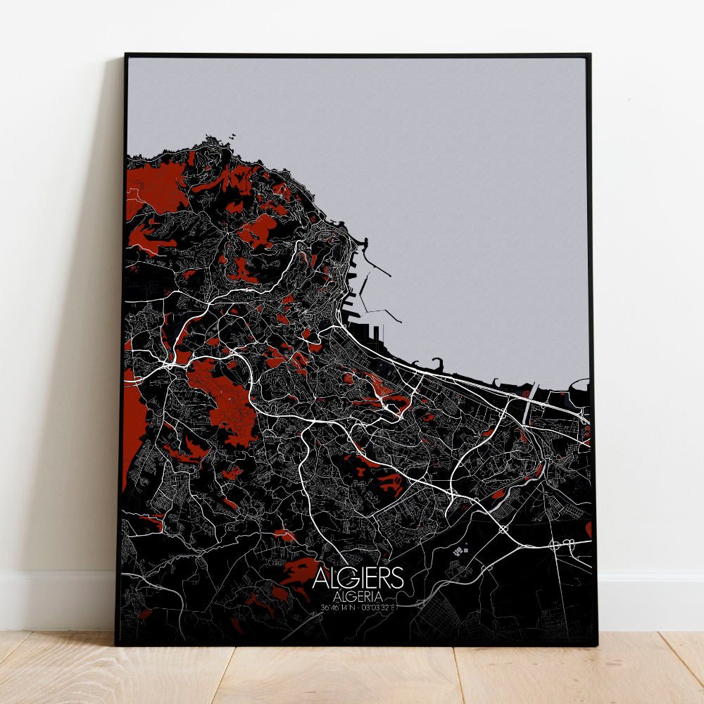Mapospheres Algiers Red dark full page design canvas city map