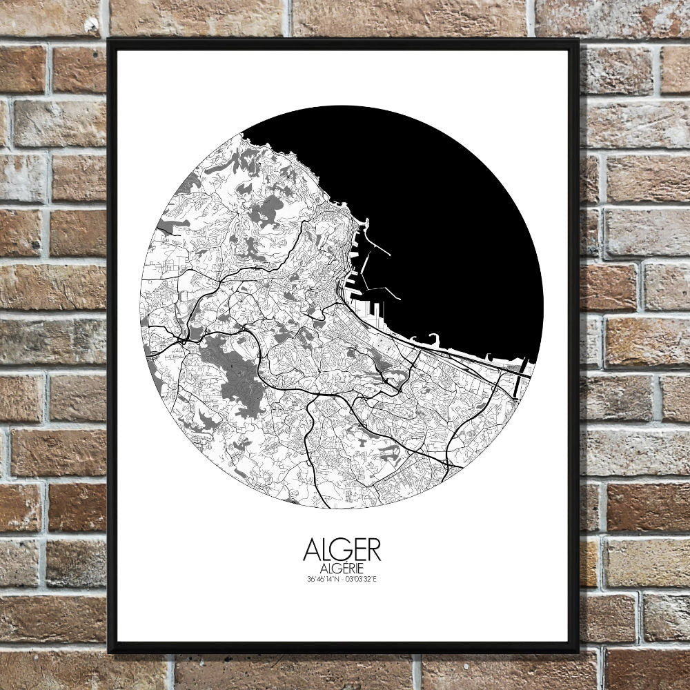 Mapospheres Algiers Black and White round shape design canvas city map