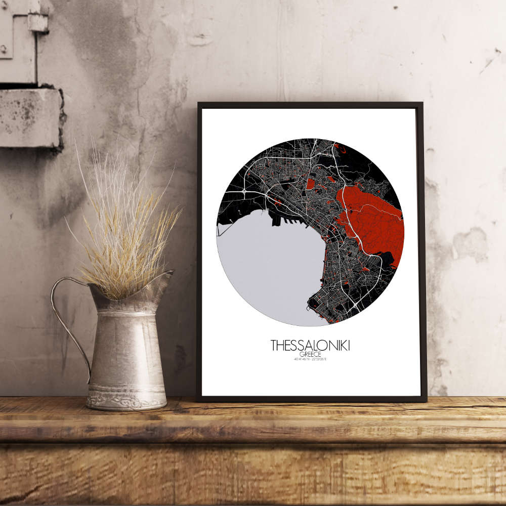 Mapospheres Thessaloniki Red dark round shape design poster city map