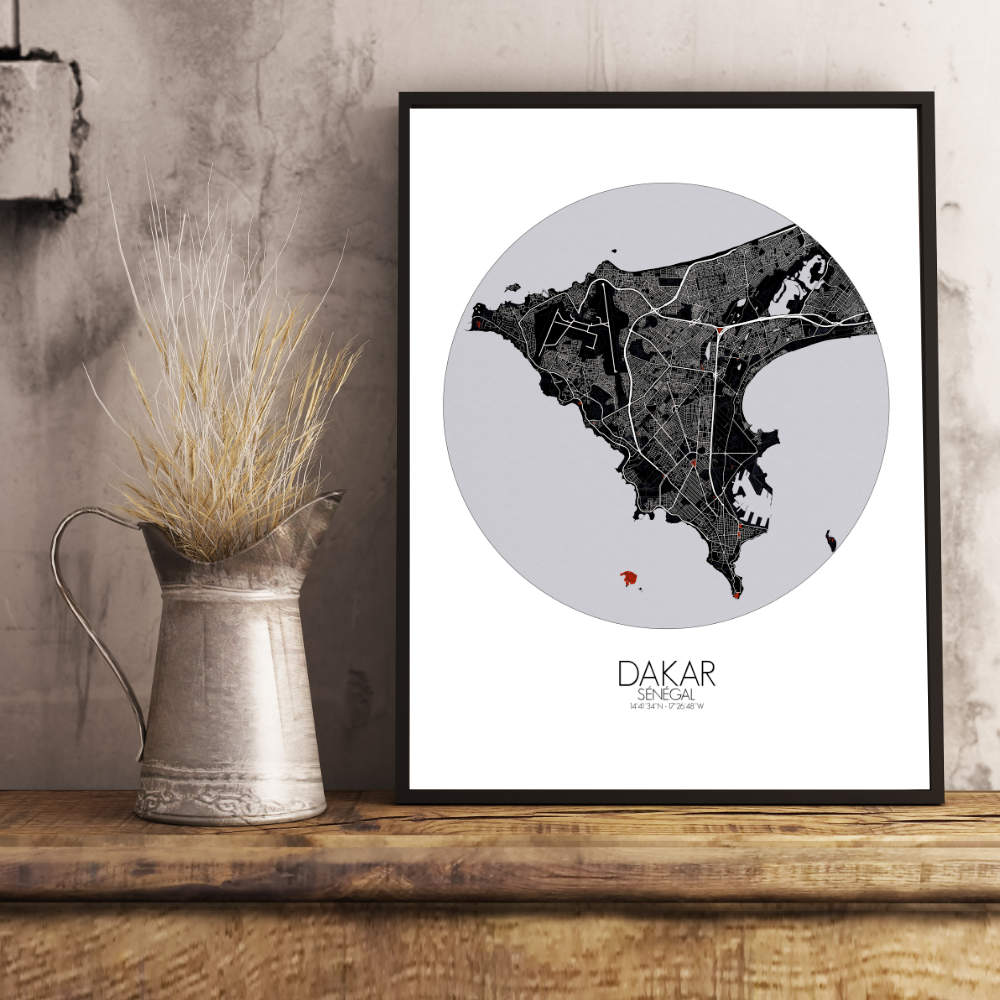 Mapospheres Dakar Red dark round shape design poster affiche city map