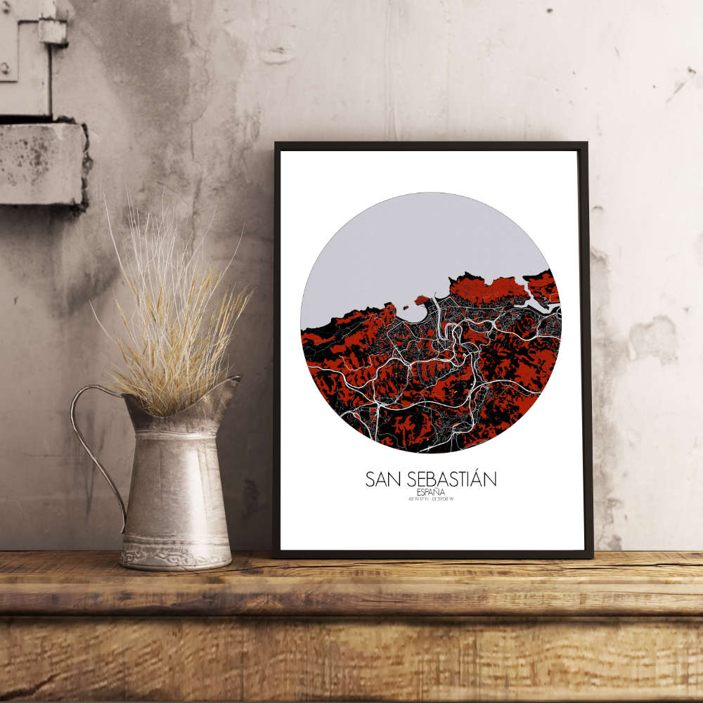 Mapospheres San Sebastian Red dark round shape design poster affiche city map
