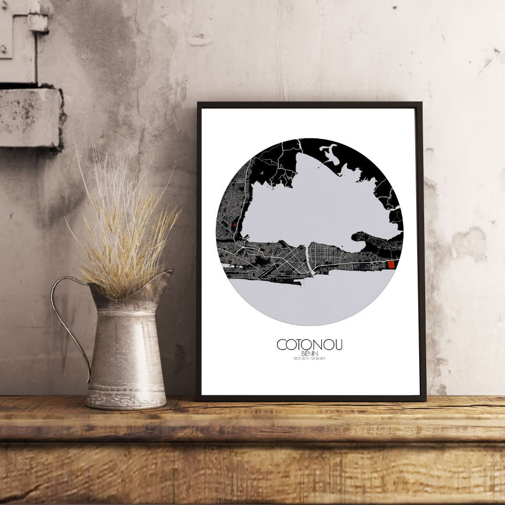 Mapospheres Cotonou Red dark round shape design poster city map