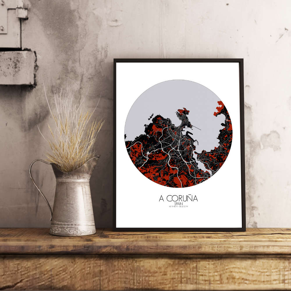 Mapospheres La Coruna Red dark round shape design poster affiche city map