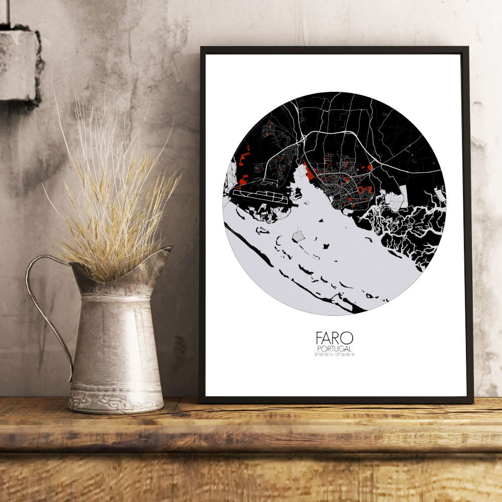 Mapospheres Faro Red dark round shape design poster city map