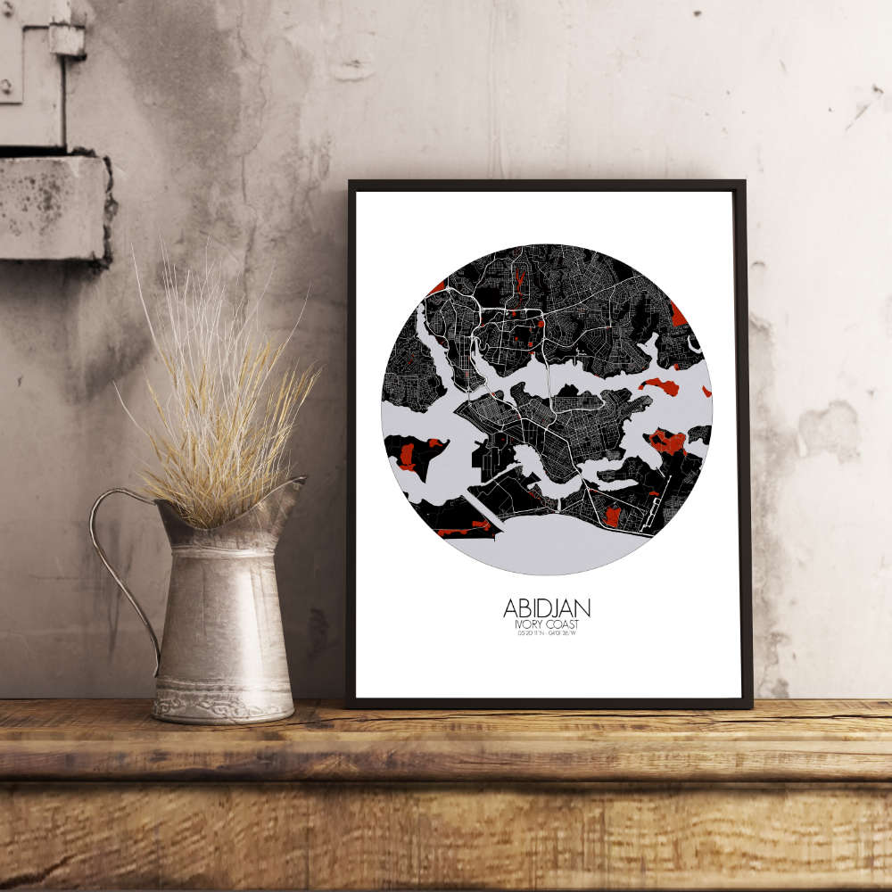 Mapospheres Abidjan Red dark round shape design poster city map