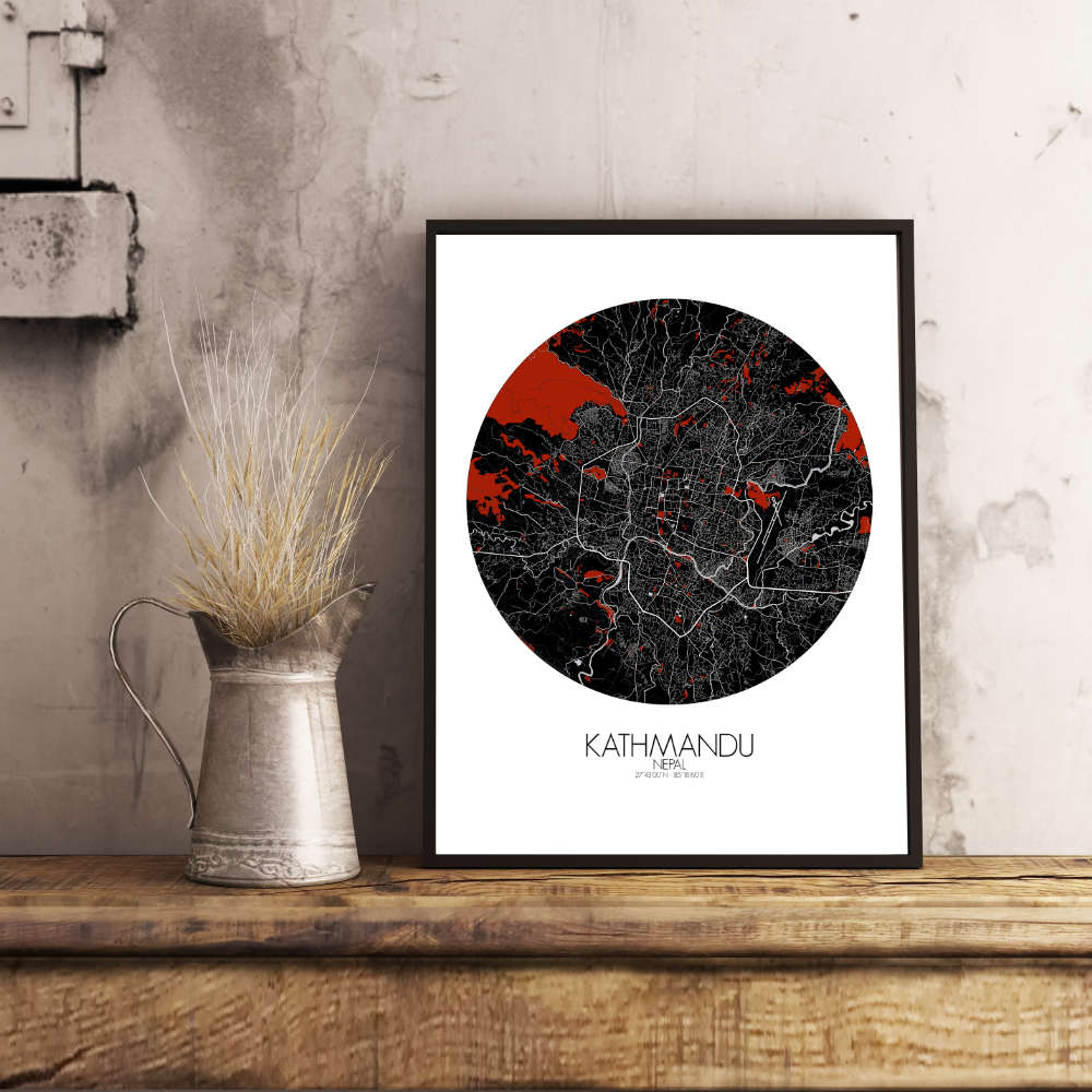 Mapospheres Kathmandu Red dark round shape design poster affiche city map