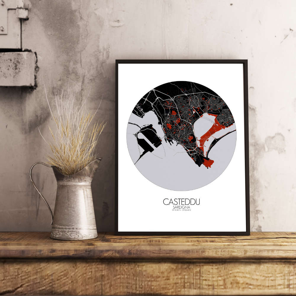 Mapospheres Cagliari Red dark round shape design poster affiche city map