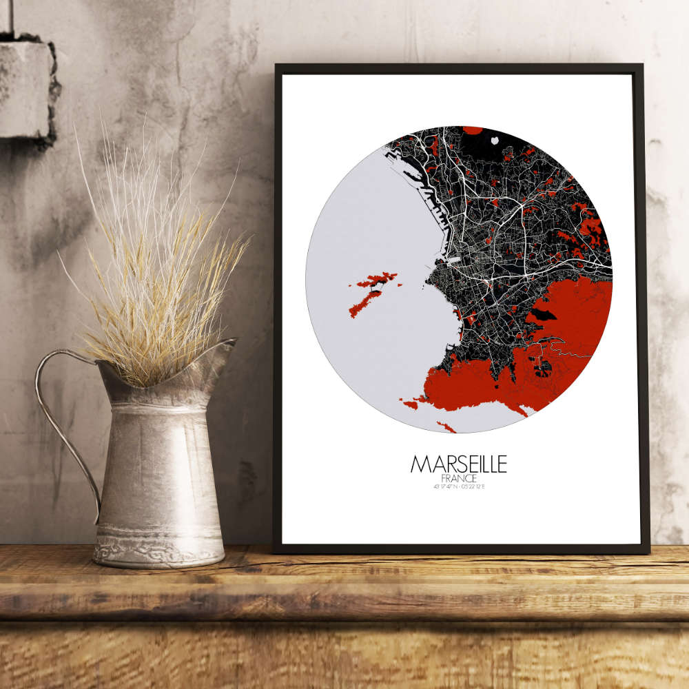 Mapospheres Marseille Red dark round shape design poster affiche city map