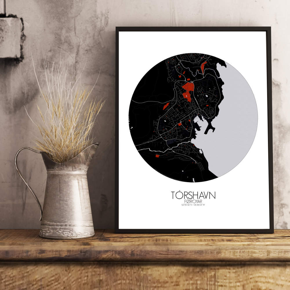 Mapospheres Torshavn Red dark round shape design poster city map