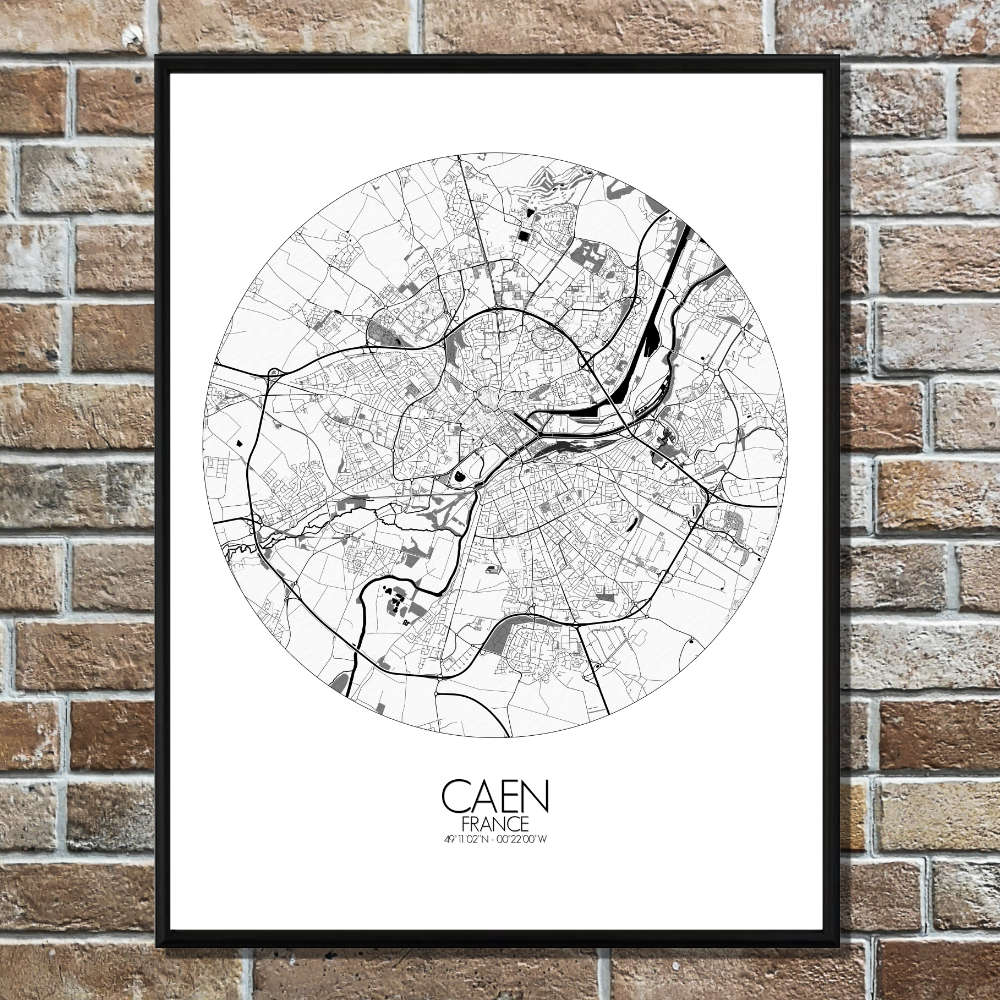 Mapospheres Caen Black and White round shape design poster city map