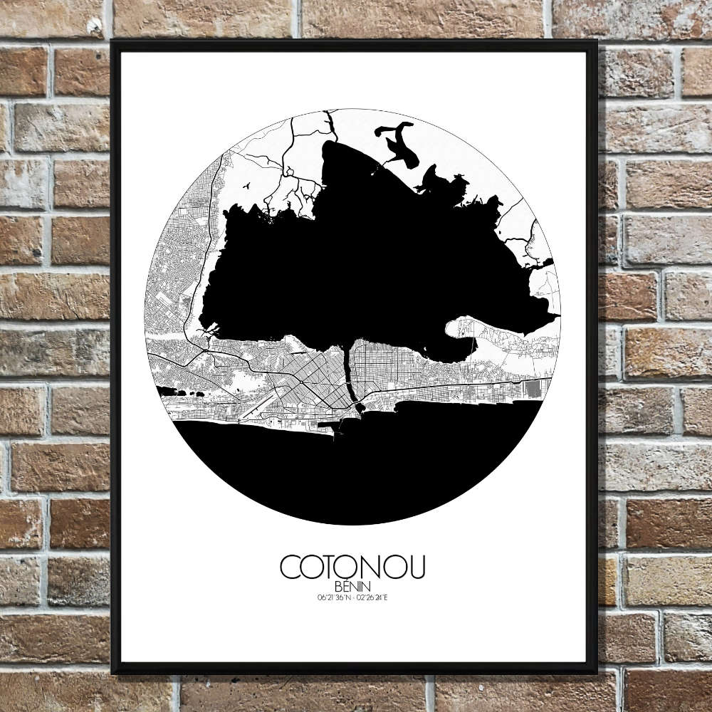 Mapospheres Cotonou Black and White round shape design poster city map