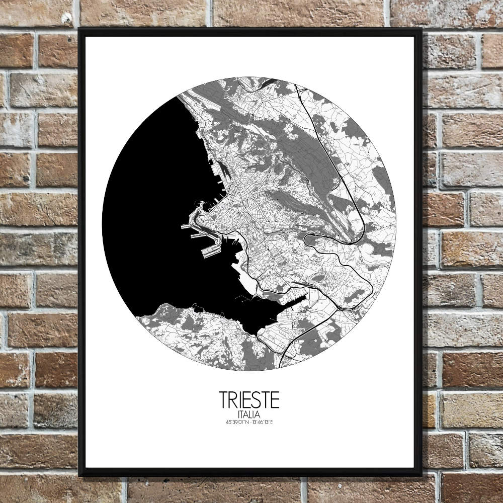 Mapospheres Trieste Black and White round shape design poster affiche city map