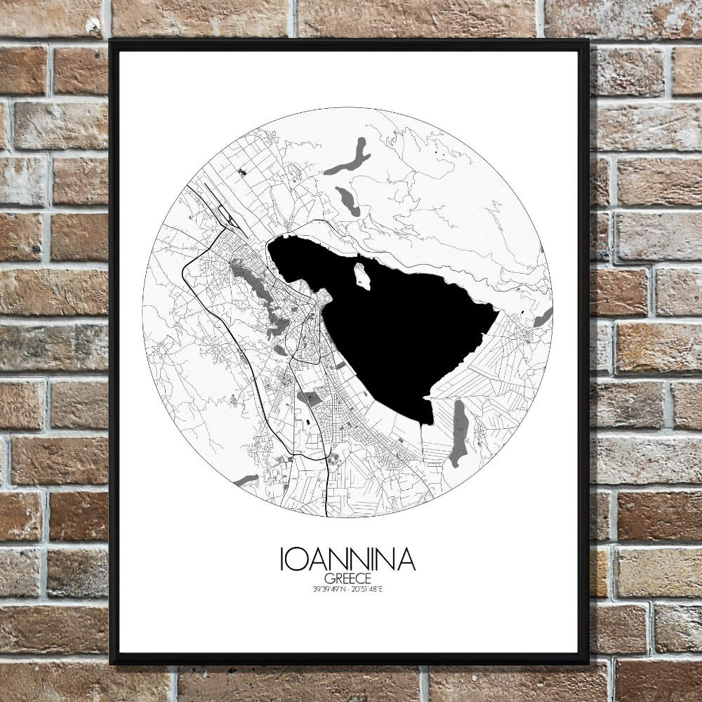 Mapospheres Ioannina Black and White round shape design poster city map