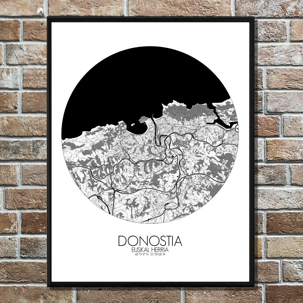 Mapospheres San Sebastian Black and White round shape design poster affiche city map