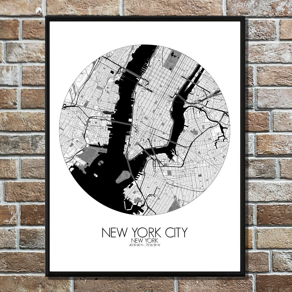 Mapospheres New York Black and White round shape design poster affiche city map