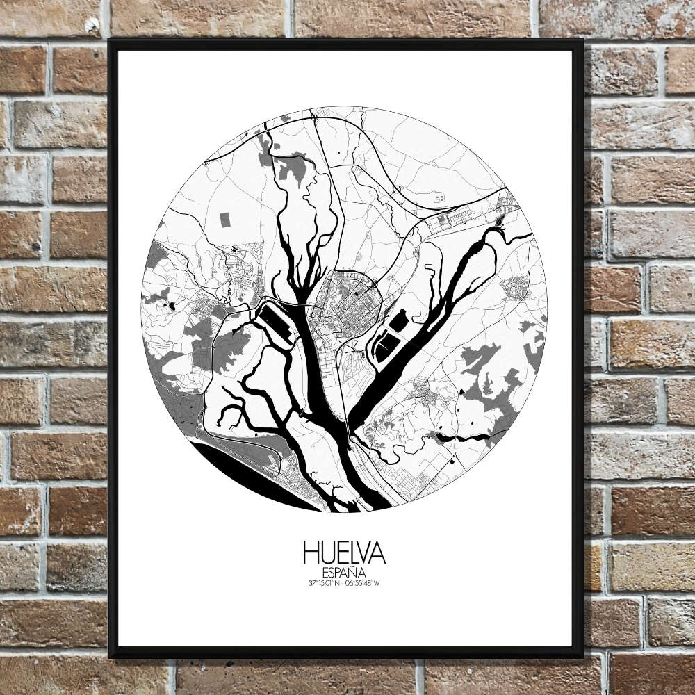 Mapospheres Huelva Black and White round shape design poster city map