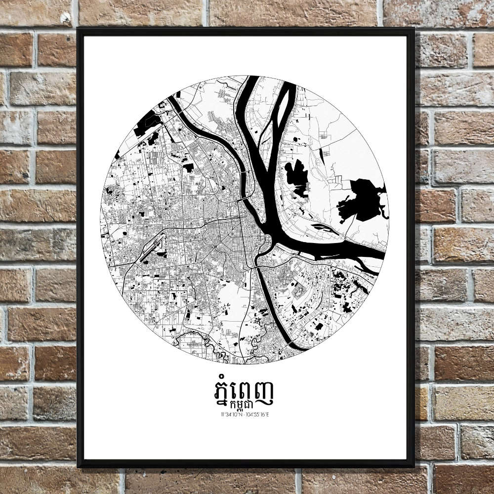 Mapospheres Phnom Penh Black and White round shape design poster city map
