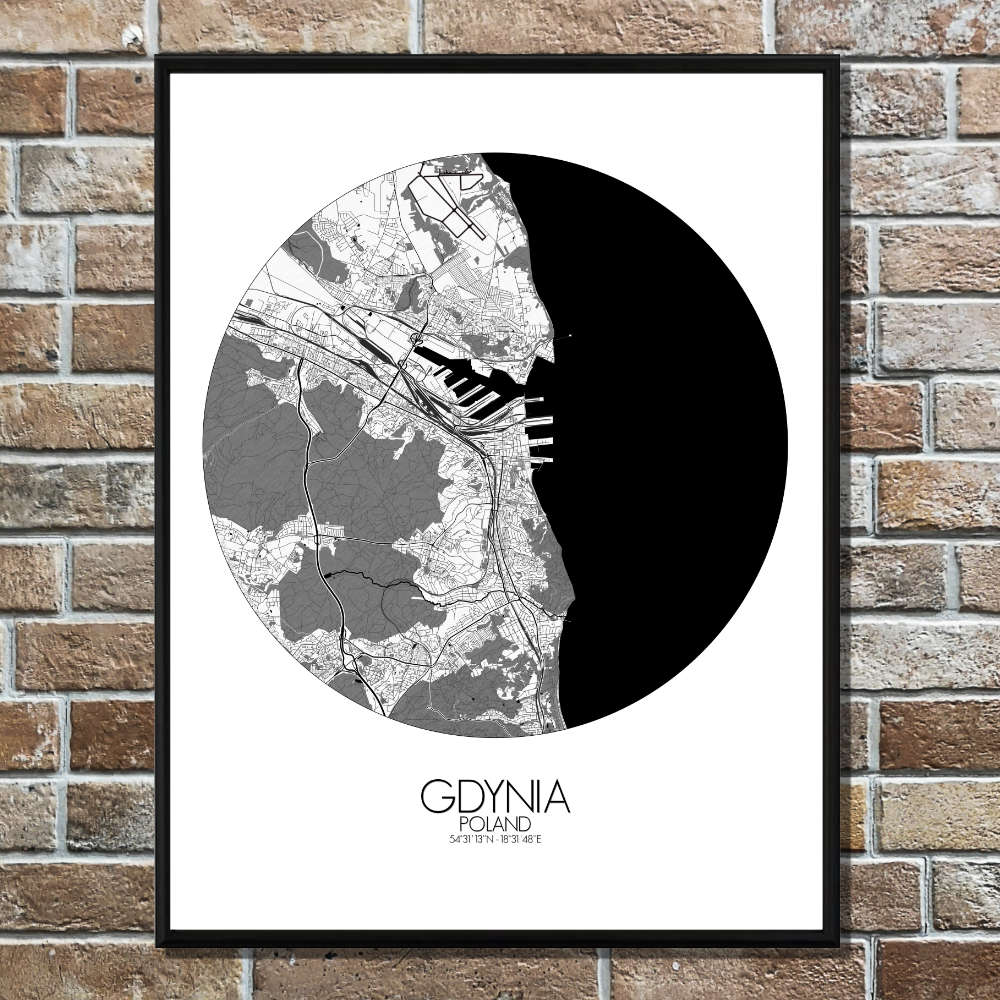 Mapospheres Gdynia Black and White round shape design poster city map